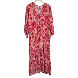 Onshore Womens Pink Floral Maxi Dress One Size Resort Wear Caftan Casual Beachy